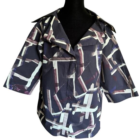 Cos Button Down Shirt Career Blouse Wide Collar Abstract Print Purple Size 8 - Picture 1 of 11